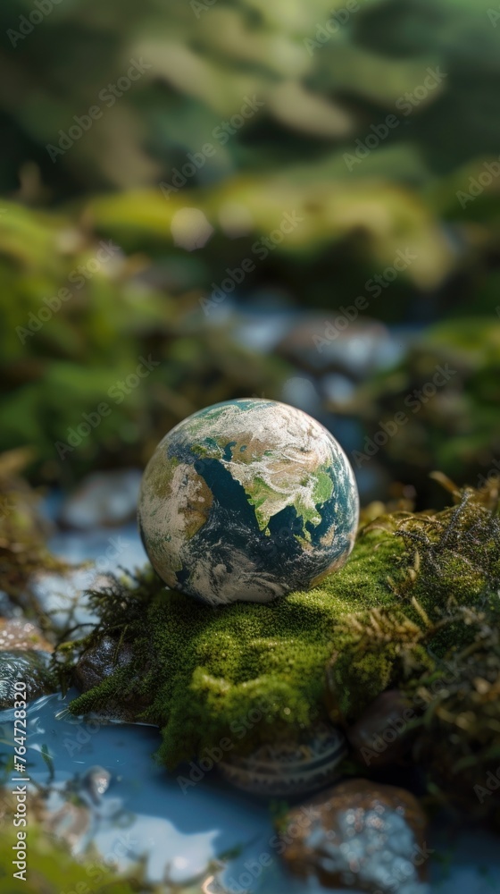 Earth globe resting on a bed of moss with water around, a powerful ...