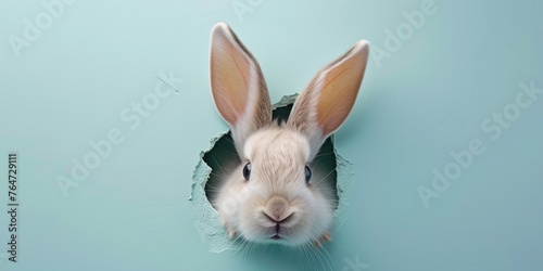 cute rabbit's head peeking from a hole in a light pastel blue background, suitable for pet-related content or Easter celebrations.