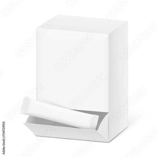Universal blank opened cardboard box with stick mockup set. Vector illustration isolated on white background. Can be use for template your design, presentation. EPS10.