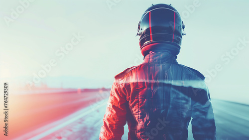 solitary figure of a motorsport racer, reflected in double exposure with the lonely road ahead, symbolizing determination and the journey of competition, set against an isolated background