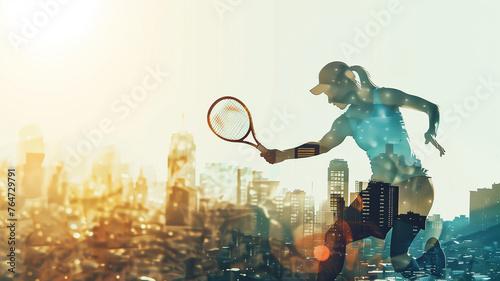 Tennis serve captured in double exposure with a cityscape silhouette, merging sport and urban vibes photo