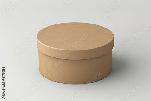An isometric view of a round brown kraft paper box mockup on grey background © Tetyana