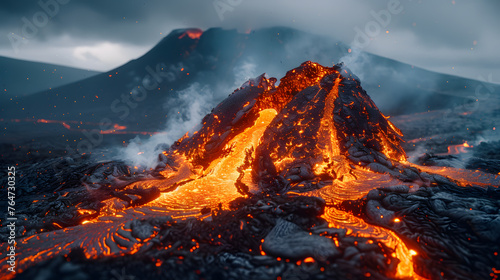 A volcanic eruption, with molten lava as the background, during an explosive eruption