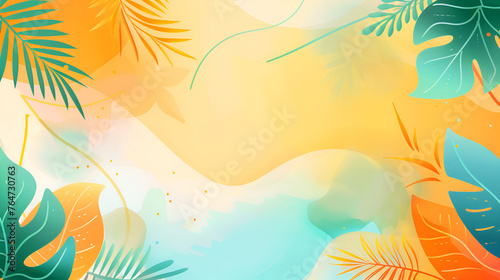 summer abstract background in yellow-blue tones with leaves, tropical plants Vacation Poster design copy space