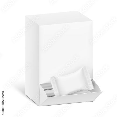 Universal blank opened cardboard box with flow pack mockup set. Vector illustration isolated on white background. Can be use for template your design, presentation. EPS10.