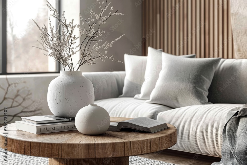 Simple living room with a gray sofa and minimalistic decoration. Light interior with a vase on the coffee table. Simple living room with a gray sofa and minimalistic decoration. Light interior with a vase on the coffee table.