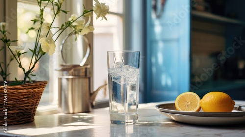 Healthy summer lemonade, cocktails on citrus water with ice. Diet detox drinks in glasses on the kitchen table.