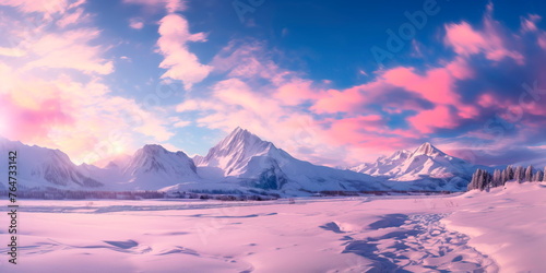 winter wonderland with a panoramic view of snow-capped mountains and a sky painted in shades of lavender and mauve.