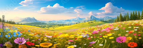 Vibrant meadow filled with an array of wildflowers, creating a cheerful and colorful springtime backdrop. © Maximusdn