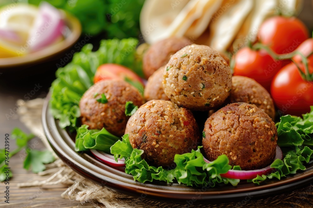 Falafel balls with Vegetarian and parsley on a plate Falafel balls with Vegetarian and parsley on a plate