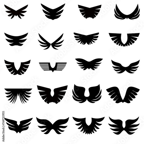 Set of vector black wings icons. Wing badge. Badge wings collection. Vector illustration.