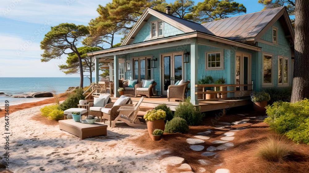 Fototapeta premium cottage residential exterior with weathered shingles, a wraparound porch, and beach-inspired decor.