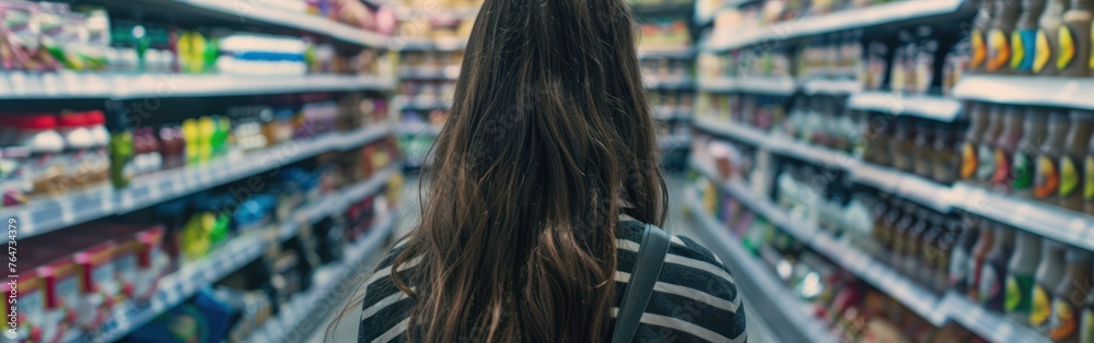 A woman is standing in a store aisle, looking at condiments goods without labels on display