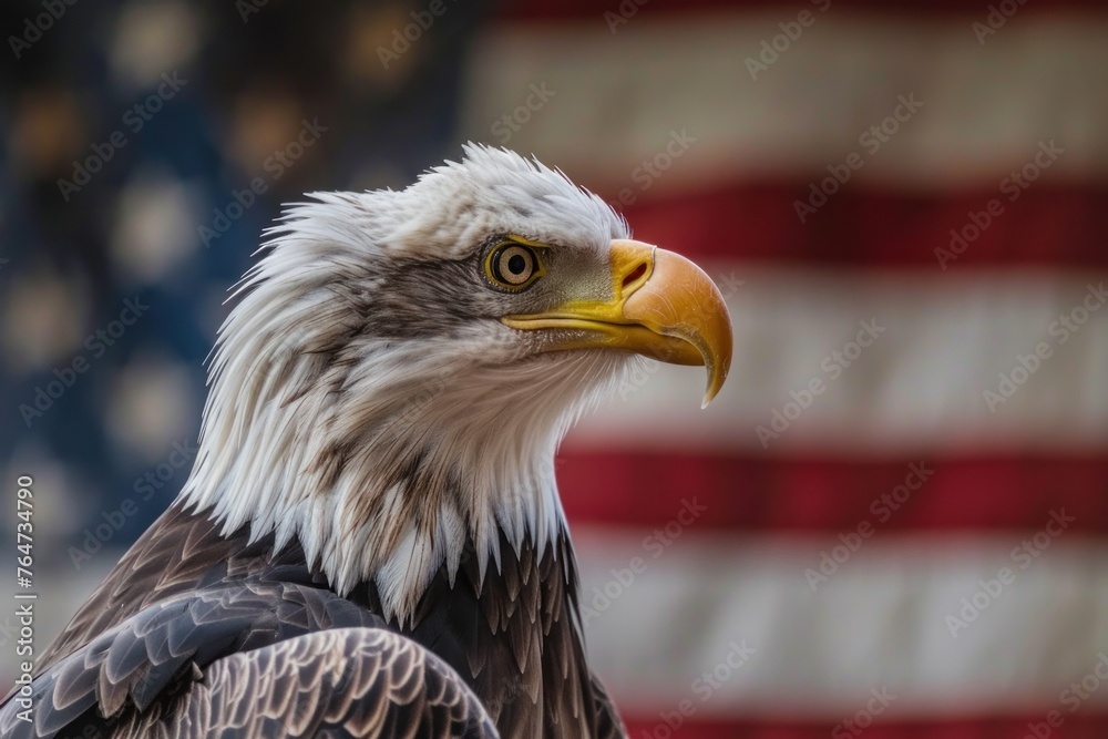 Obraz premium Majestic Bald Eagle Portrait Against American Flag - A Symbol of Freedom - Generative AI