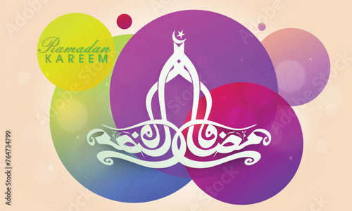 Arabic calligraphy text of Ramadan Kareem on colorful abstract background for islamic holy month of prayer celebration.