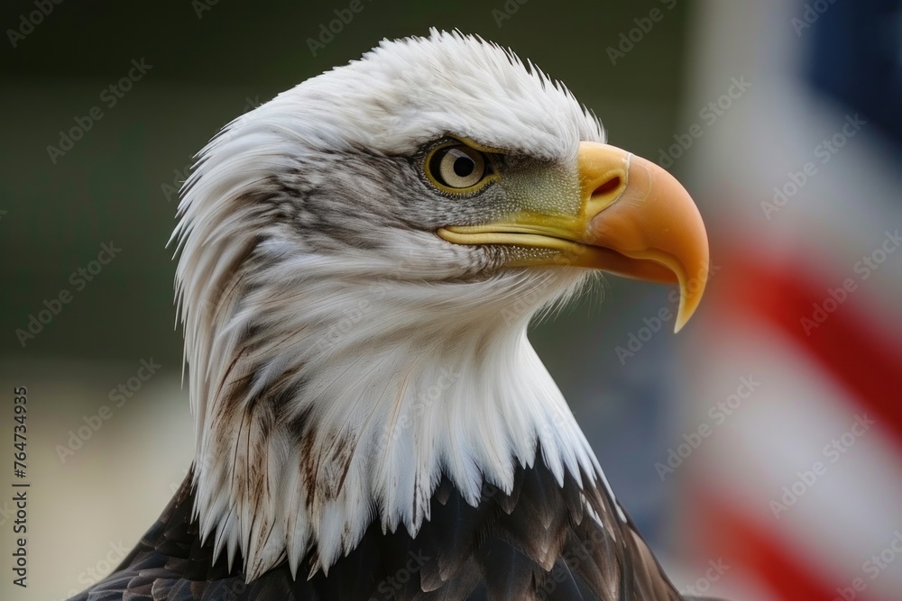 Fototapeta premium Majestic Bald Eagle Portrait Against American Flag - A Symbol of Freedom - Generative AI