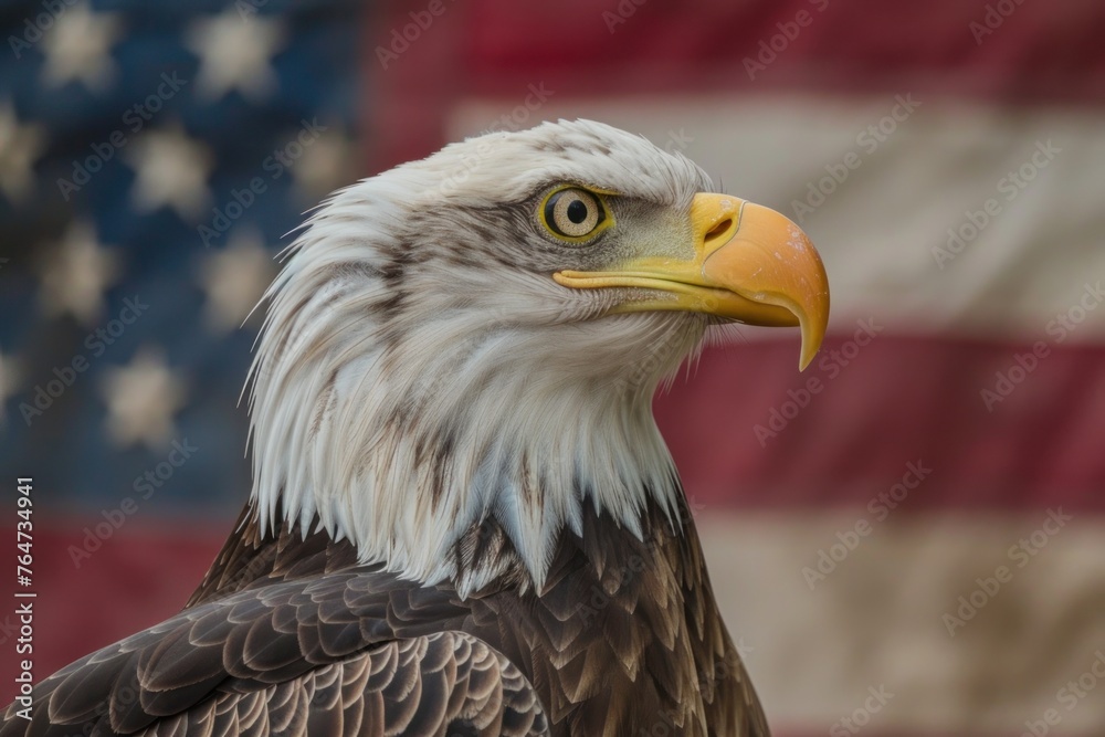 Obraz premium Majestic Bald Eagle Portrait Against American Flag - A Symbol of Freedom - Generative AI