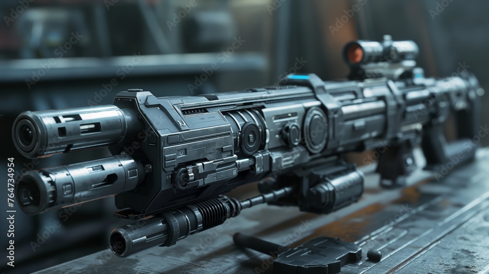 A highly detailed sci-fi rifle with advanced design and optics, set in an industrial environment. - obrazy, fototapety, plakaty 