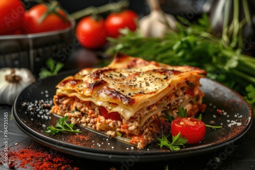 Traditional lasagna with minced meat and vegetables on a wooden table.