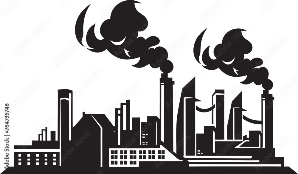Industrial Emissions Vector Icons and Graphics Showcasing Air Pollution Impacts Smog Cityscape Vector Logo and Graphic Design Featuring Factory Pollution