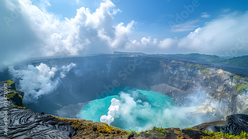 A volcanic crater, with swirling clouds of gas as the background, during a volcanic activity