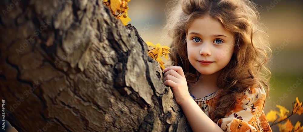 A young child in casual clothing is leaning gently against a sturdy tall tree trunk, surrounded by lush greenery of a forest A young child in casual clothing is leaning gently against a sturdy tall tree trunk, surrounded by lush greenery of a forest