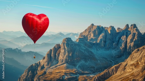 A red heart shaped balloon floats gracefully above a majestic mountain range, creating a striking contrast between the man-made object and the natural landscape. The balloon appears small and delicate