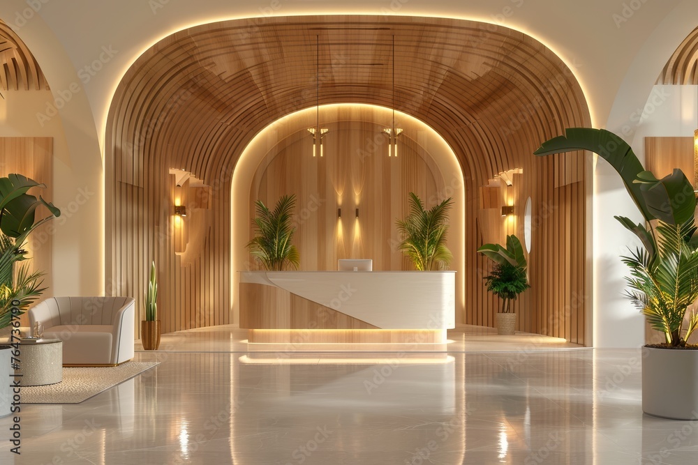 Fototapeta premium Entrance area of a luxury hotel in wooden design with plants. Modern architecture concept.