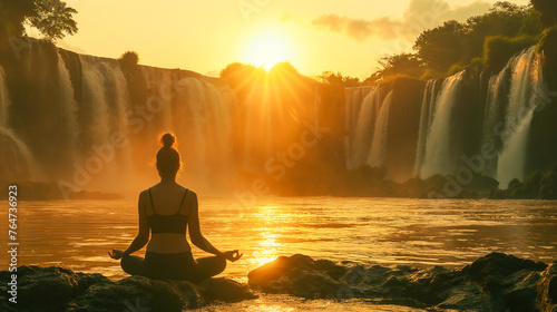 A woman meditating is sitting on a rock by a waterfall  with the sun shining on her