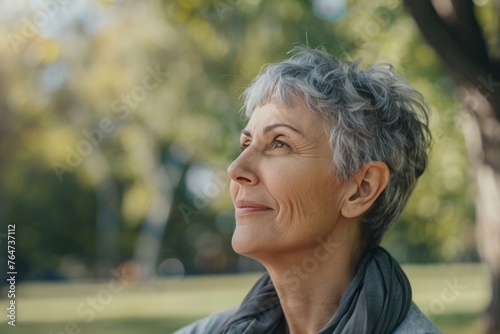 Radiant Joy: A Serene Senior Woman's Blissful Smile in Nature. Generative AI