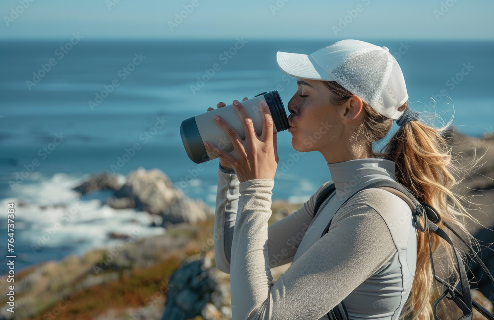 A woman in sportswear drinks from the sports bottle with her mouth open, outside on an adventure by sea