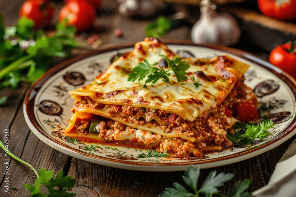 Traditional lasagna with minced meat and vegetables on a wooden table. Traditional lasagna with minced meat and vegetables on a wooden table.