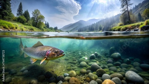 Rainbow trout in a river within the mountains. View half underwater.
