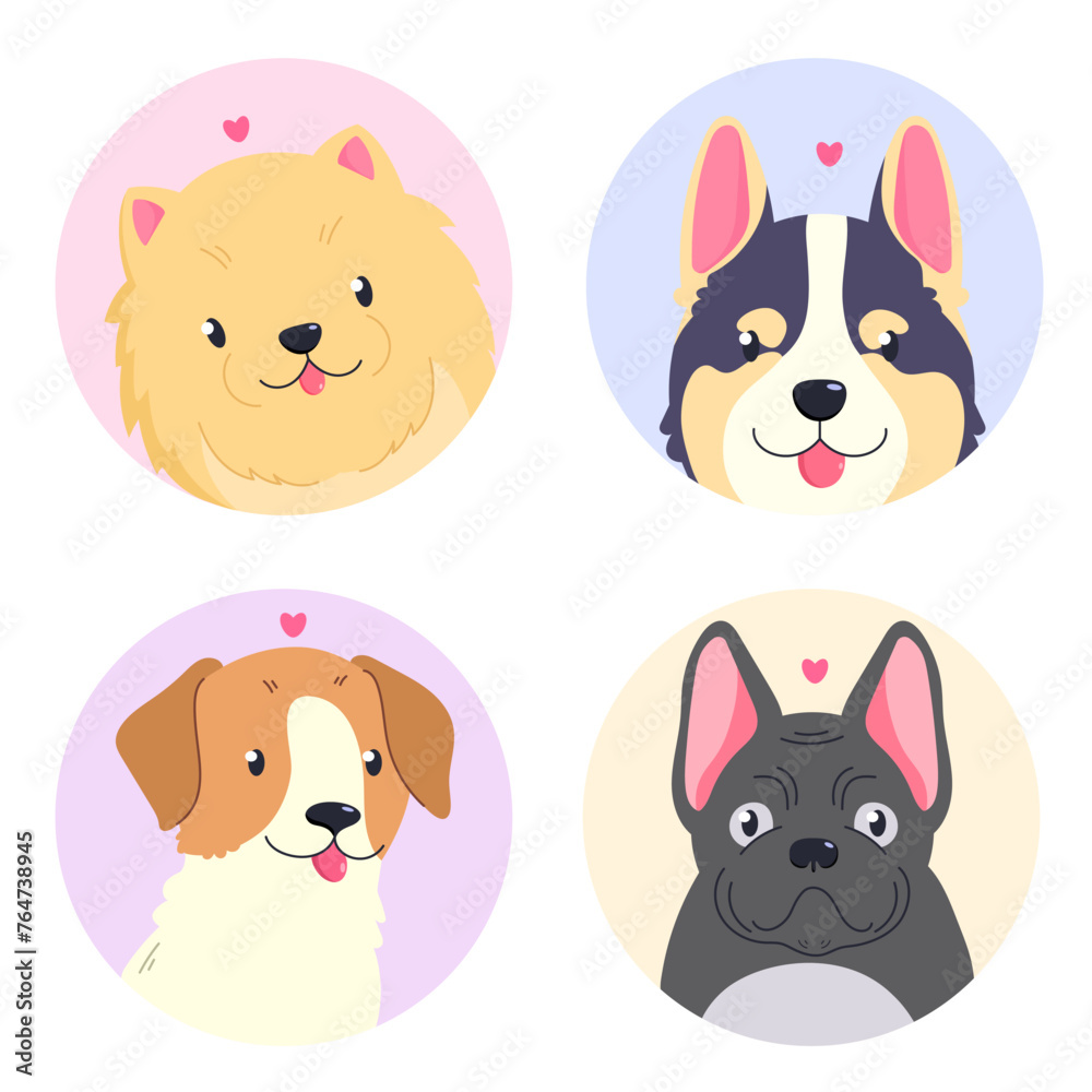 Colored vector set featuring illustrations of different dogs. Spitz, Corgi, Jack Russell, French Bulldog