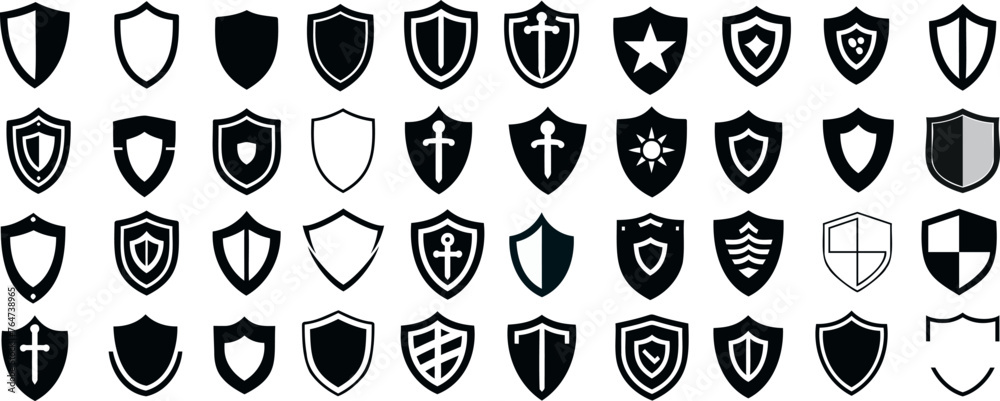 Black heraldic shields, emblematic symbols, logo design, branding, silhouette, knightly, armorial, blazon, escutcheon, safeguard, protection, security, medieval, honor, coat of arms, military, warrior - obrazy, fototapety, plakaty 