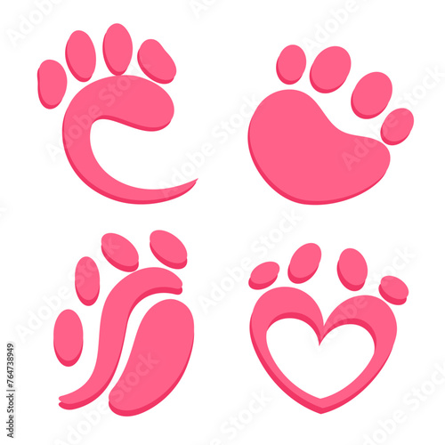 Set of vector icons on the theme of animal paws. Single color paw prints of dogs and cats
