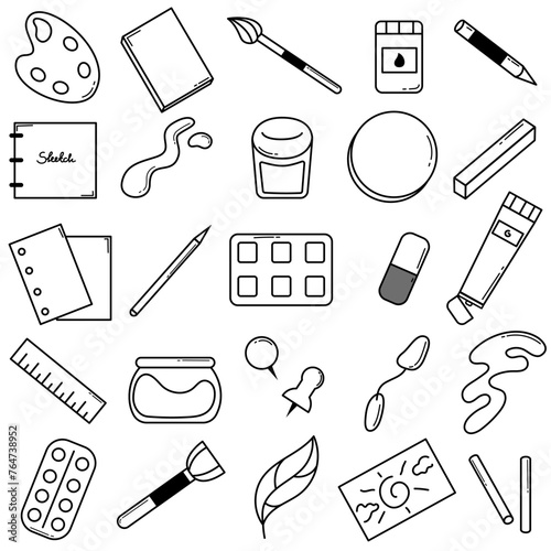 Black and white vector set of creative icons related to drawing. Brushes, canvases, paints