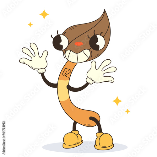 Colored vector illustration in groove style with an image of a paint brush, in flat color. Brush with a smile and white gloves