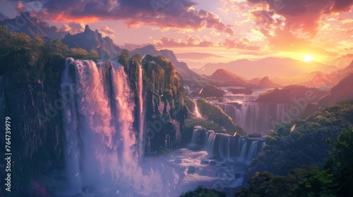 A painting depicting a grand waterfall cascading down rocky cliffs with a vibrant sunset in the background. The waterfall is flowing powerfully, while the sky is ablaze with warm colors.