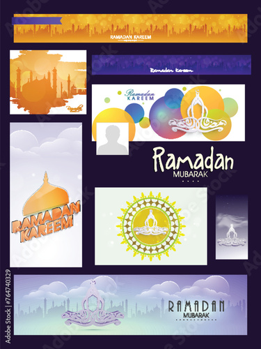 Colorful creative social media and marketing headers, posts, ads or banners for holy month of muslim community, Ramadan Kareem celebration.
