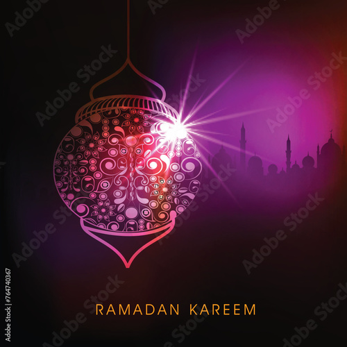 Golden floral design decorated shiny lamp on mosque silhouette background for holy month of Muslim community Ramadan Kareem celebration.