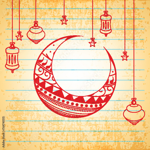 Floral design decorated moon with hanging Arabic lamps and stars on notebook paper background for holy month of Muslim community Ramadan Kareem celebration.
