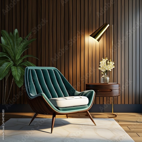 White armchair in front of a wooden wall