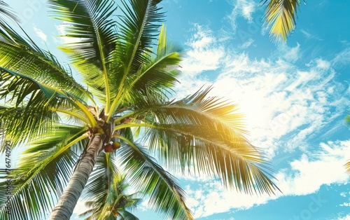 Coconut palm tree on blue sky background