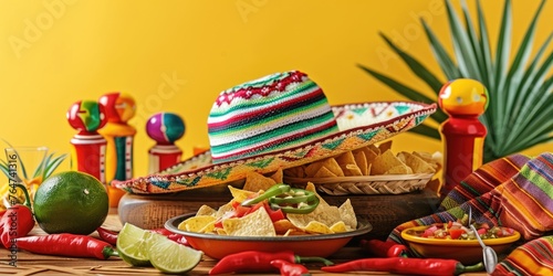 Cinco de Mayo flat lay on a bright yellow backdrop. AI Generated