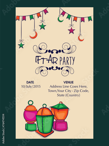 Holy month of Muslim community, Ramadan Kareem Iftar party celebration invitation card with beautiful decoration, date, time and place details.