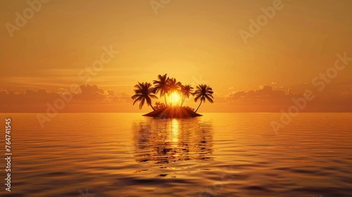An image capturing a small island surrounded by water with the sun setting in the background, creating a peaceful and serene atmosphere. photo