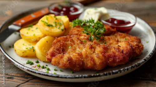 Breaded Schnitzel with roasted potatoes and fresh salad on a plate. photo