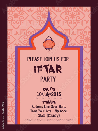 Holy month of Muslim community, Ramadan Kareem Iftar party celebration invitation card with date, time and place details.