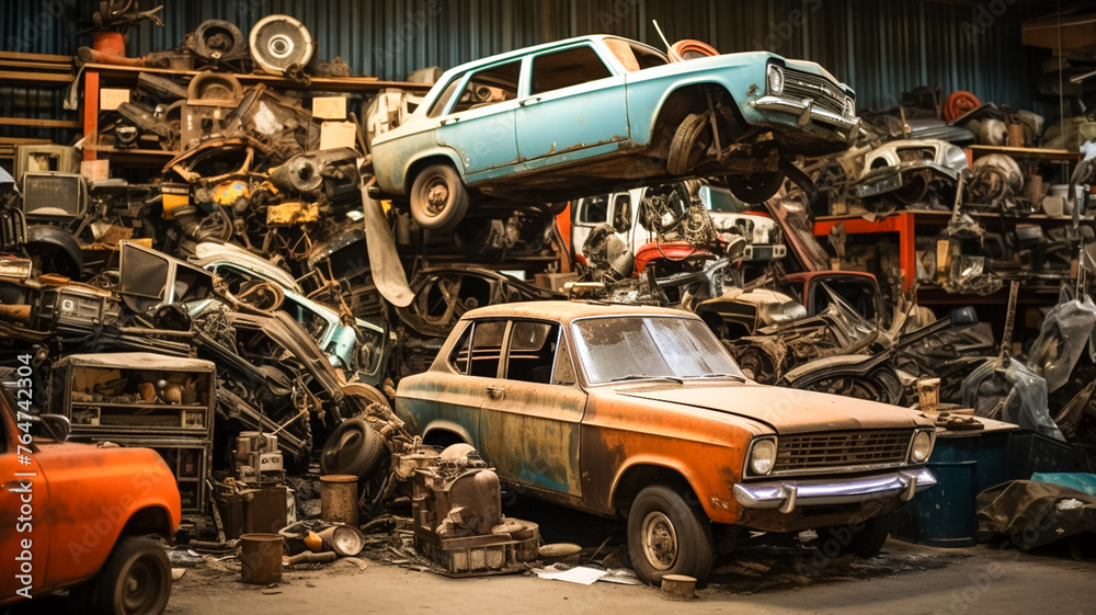 Broken cars in a junkyard, cars for parts in the garage.
Broken cars in a junkyard, cars for parts in the garage.